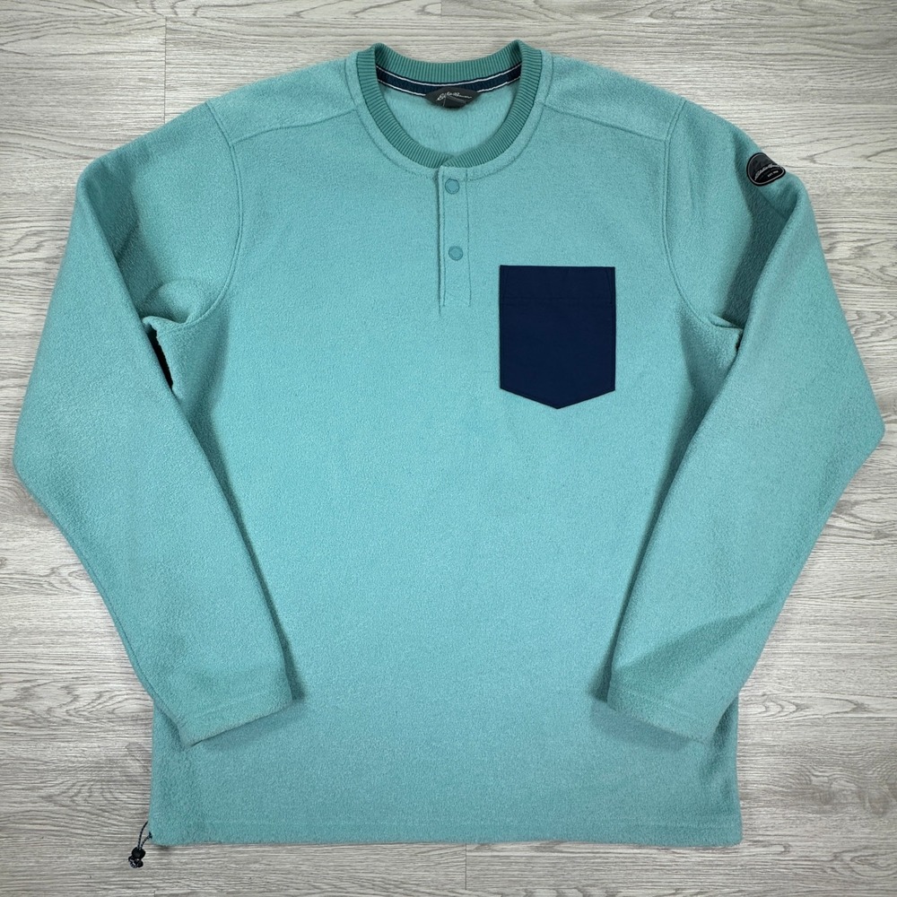 Eddie Bauer Men's Fleece Henley Pullover Teal TL Tall Large Snap Pocket Logo